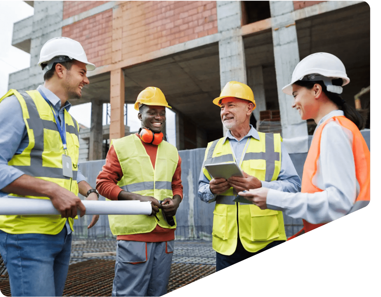 Team in safety gear at building site